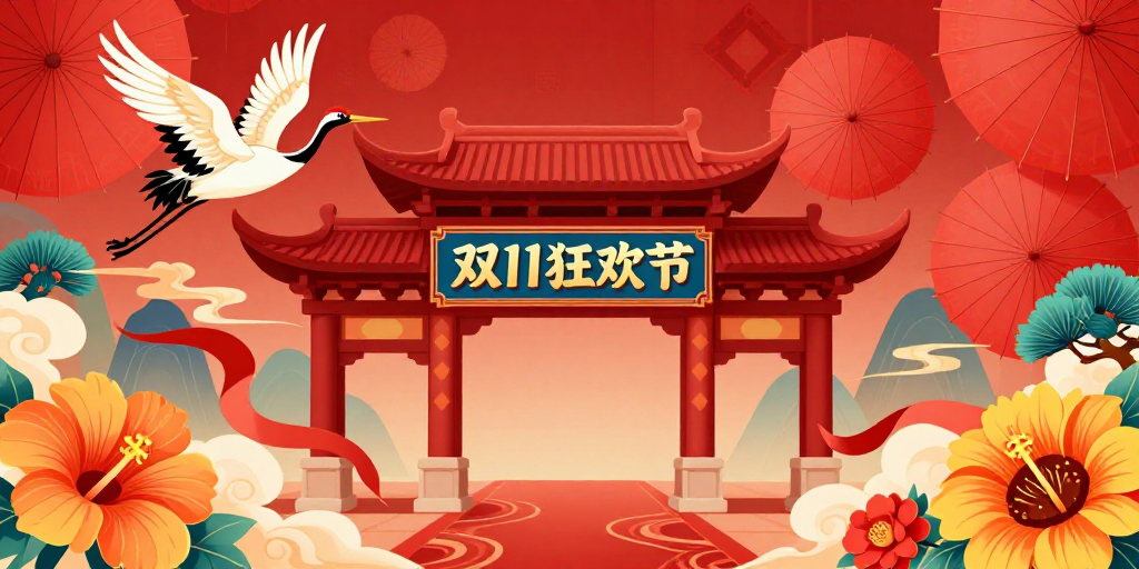 双11中国风狂欢节插画