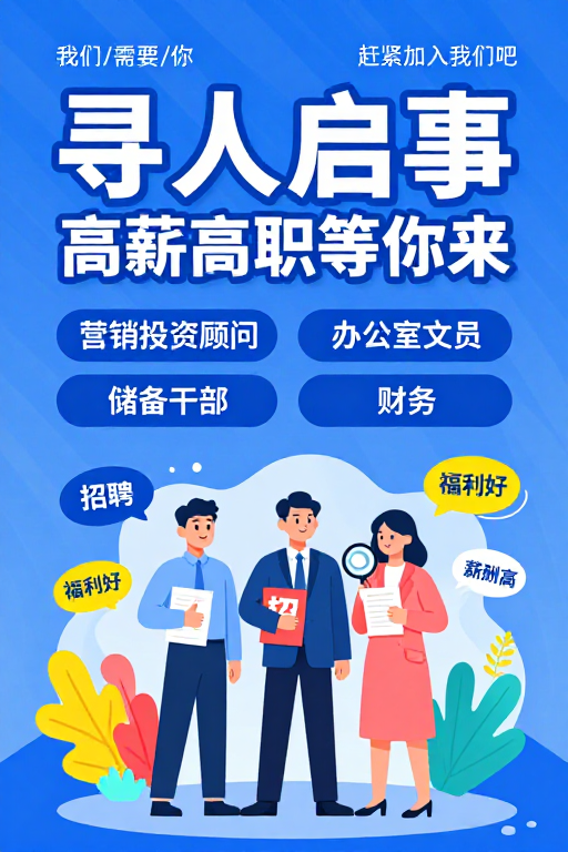现代商务蓝色插画招聘海报:高薪职位等你来