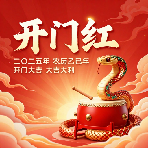 红金配色 乙巳蛇年开门红 立体浮雕书法新年海报