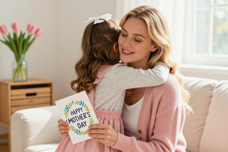 温情母女相拥:母亲节手绘贺卡光影摄影