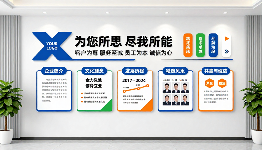 现代企业形象文化墙设计：蓝橙绿活力配色方案