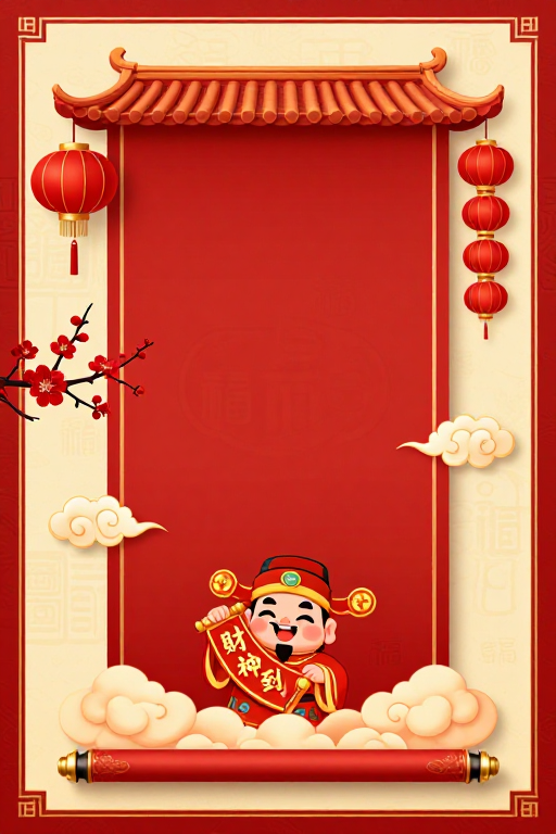 中式红金喜庆卷轴财神图，吉祥富贵氛围