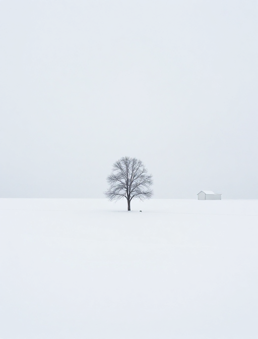 极简雪景:天地间的孤树/屋影与静谧人形