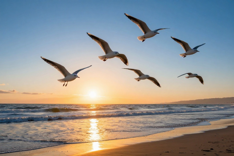 夕阳下海鸥翱翔:海滩日落的绝美瞬间