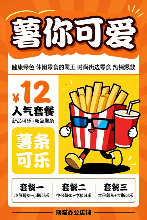 复古漫画风零食促销海报:薯你可爱