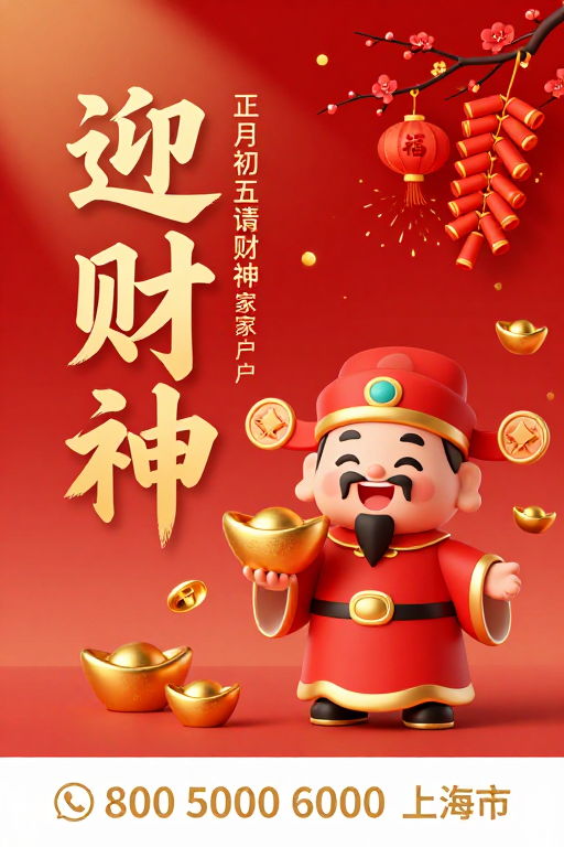 迎财神 正月初五财运亨通 新春贺卡