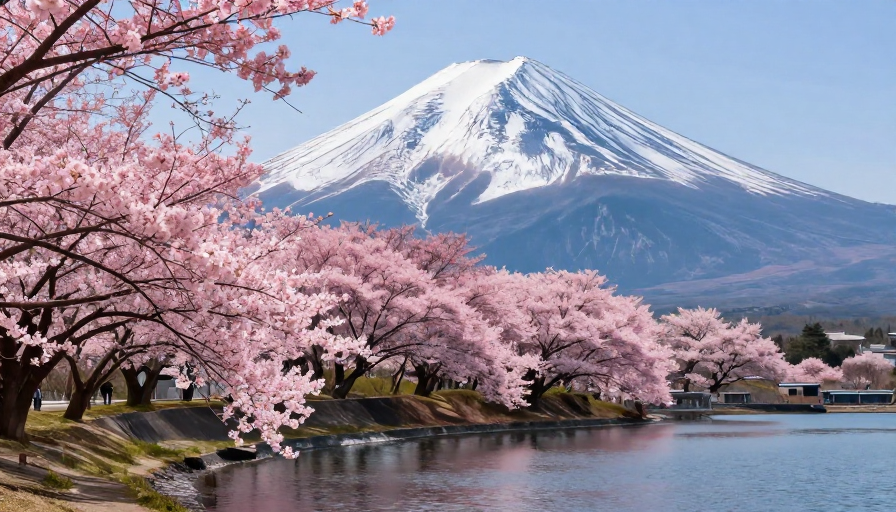 富士雪顶映樱花，绝美春日风景图