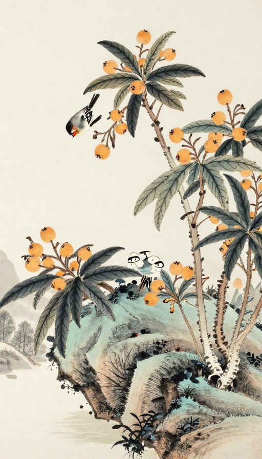 国画枇杷山鸟图：传统笔墨中的自然诗意