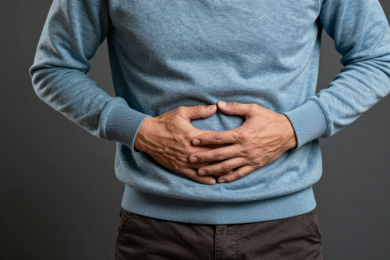 冷灰调中年男性腹部不适摄影