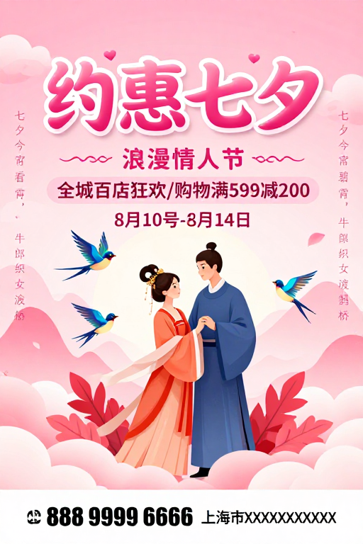 梦幻粉红七夕浪漫促销海报