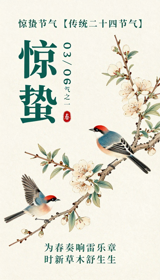 淡雅水墨惊蛰节气海报,传统春日意境