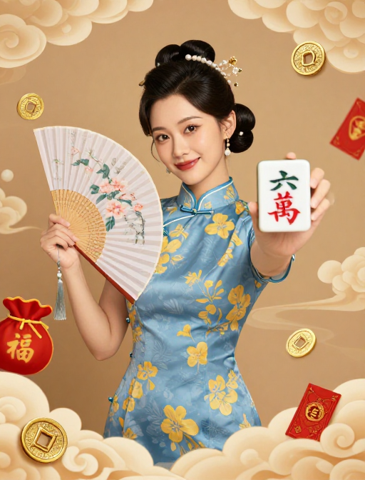 蓝黄花旗袍女子持六万麻将牌，祥云背景喜庆贺岁