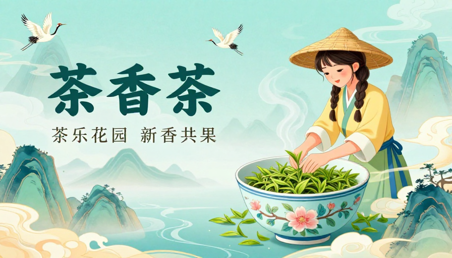 青绿雅韵：采茶少女与青花瓷的诗意画卷