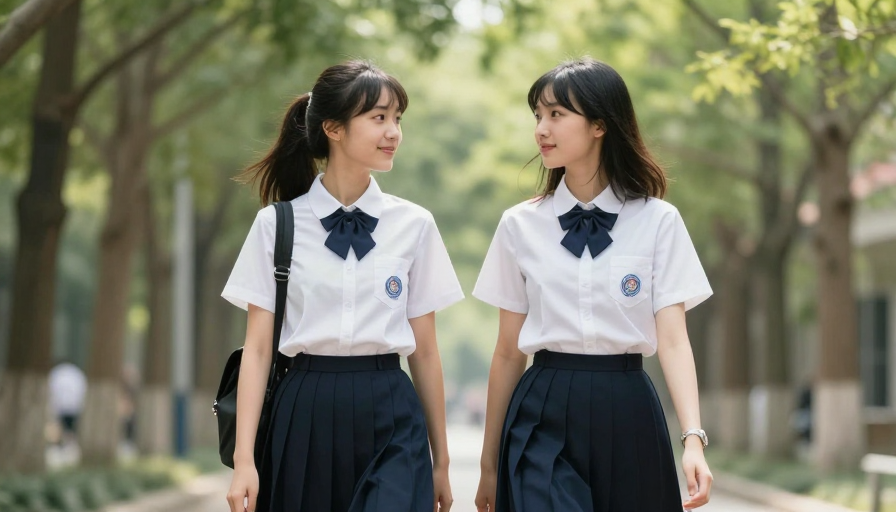 青春校园风采：两名女生校服漫步抓拍