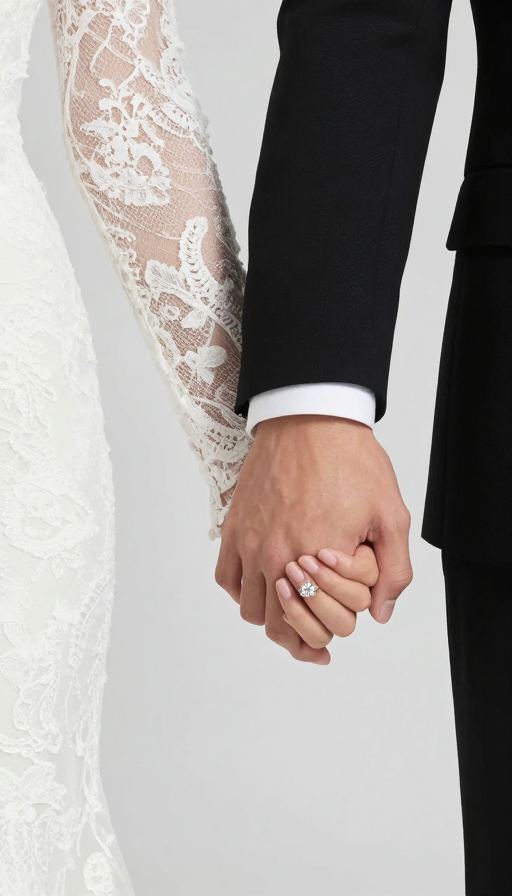 璀璨婚戒紧握瞬间：婚纱与西装的浪漫特写