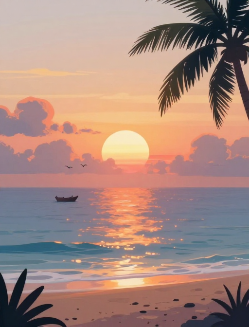 梦幻海岛日落:发光水面与孤舟的插画意境