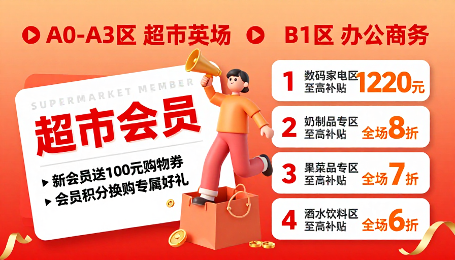 活力橙红促销海报:商场会员优惠与区域引导