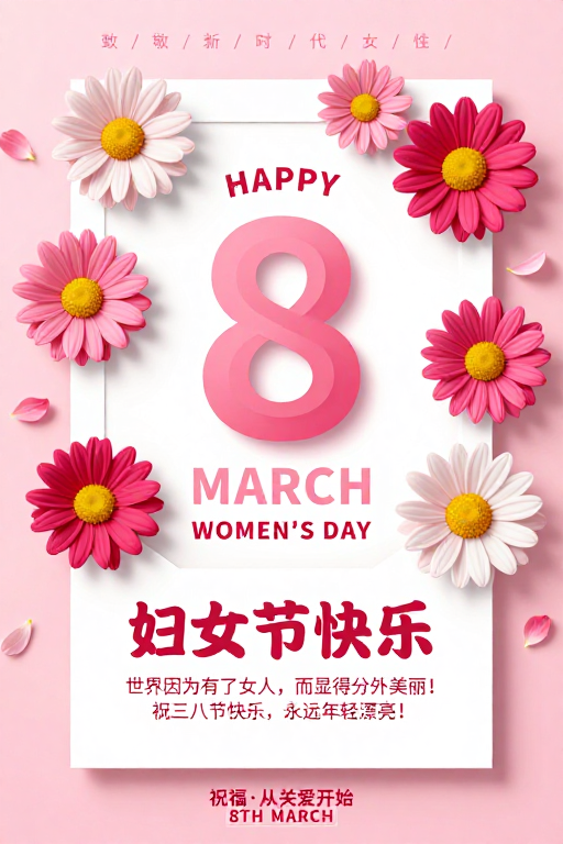 粉漾雏菊：三八妇女节优雅祝福海报