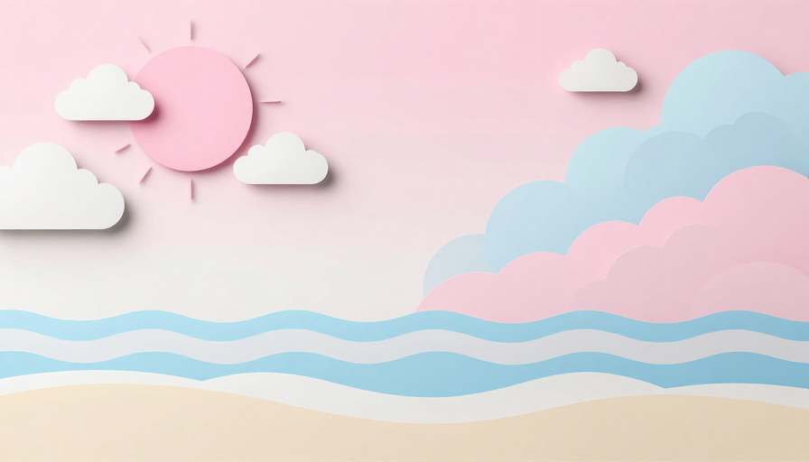 柔和纸艺粉蓝渐变太阳与海浪背景图