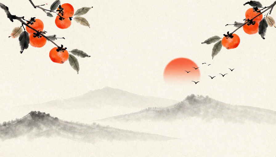 水墨柿子落日·留白意境国风背景