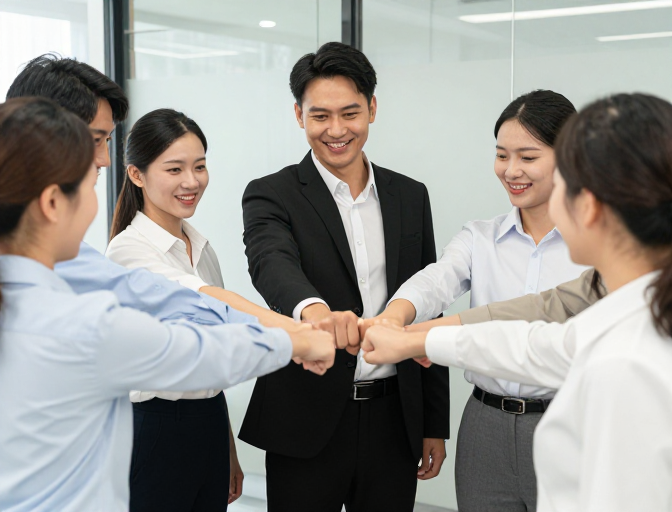 团队同心庆胜利:职场精英合作瞬间