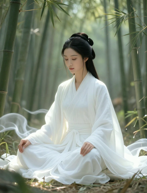 禅意仙风：东方白衣女子竹林静坐
