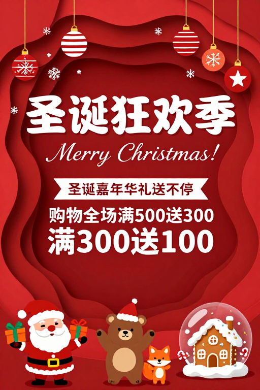 立体纸艺红彩圣诞促销海报,营造节日狂欢氛围