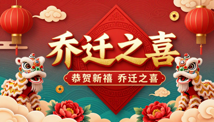 朱红青绿撞色·传统喜庆乔迁海报设计