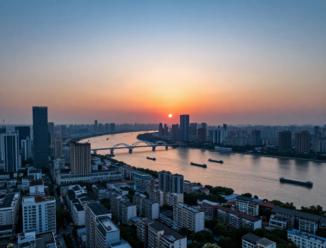 长江畔都市日落：橙红霞光映照现代与旧城交融