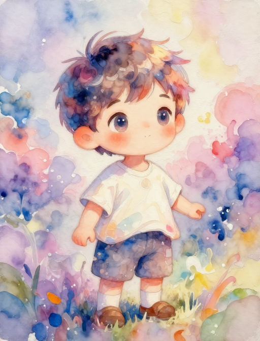 梦幻Q版男娃水彩插画:光影交织的奇幻梦境世界