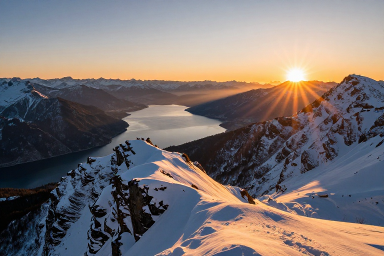 壮丽高山雪脊日出全景：金橙晨光映耀雪峰