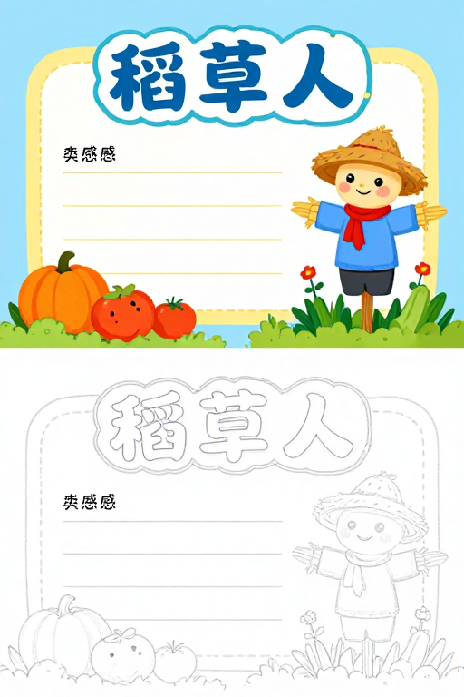 童趣稻草人手抄报双面设计插画