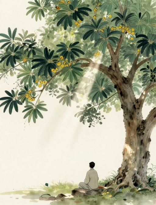 古韵诗影:庭院中的诗人背影与亭亭如盖的枇杷树