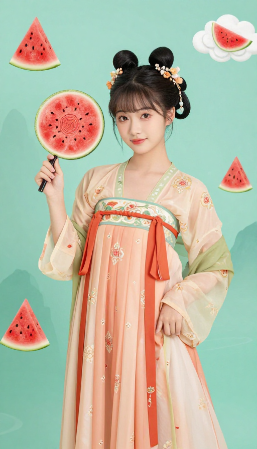 国潮西瓜仙子：汉服少女持瓜扇，青绿山水云间趣