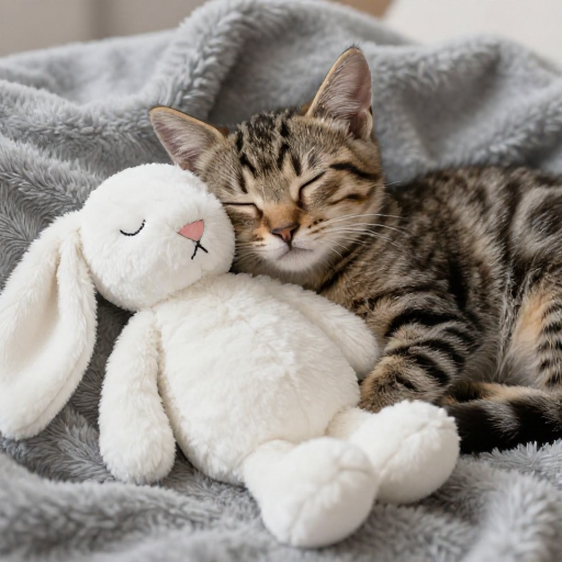 萌宠安睡：虎斑猫与毛绒兔子的温馨时刻
