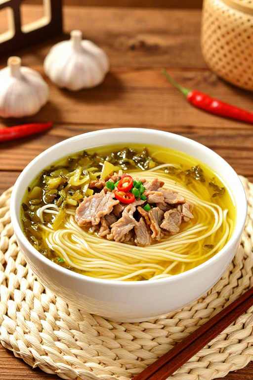 暖光下的经典酸菜肉丝汤面，诱人家常风味