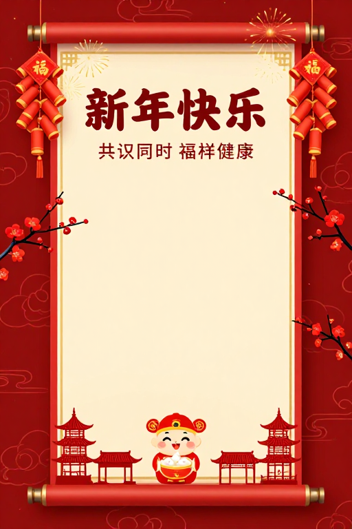 红色中国风新年卷轴海报：团圆喜庆与吉祥祝福