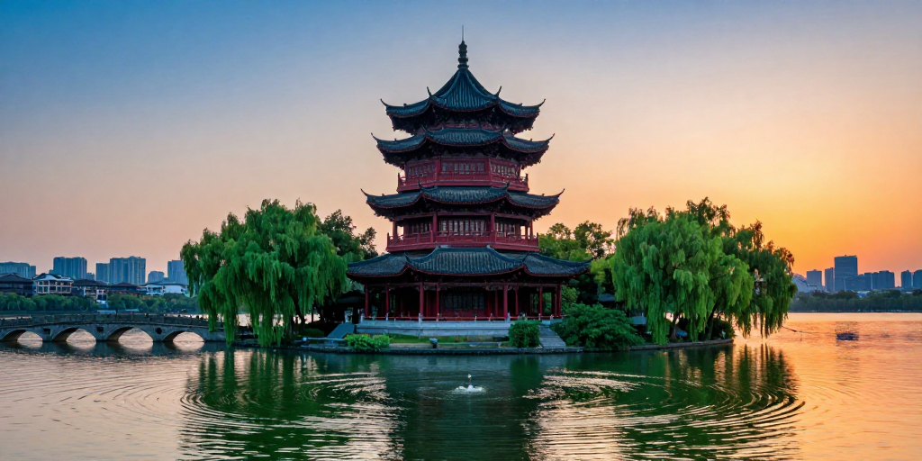 古塔映湖霞：传统与现代交融的绝美夜景