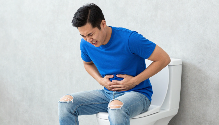 亚洲男子腹痛不适,肠胃健康警示摄影