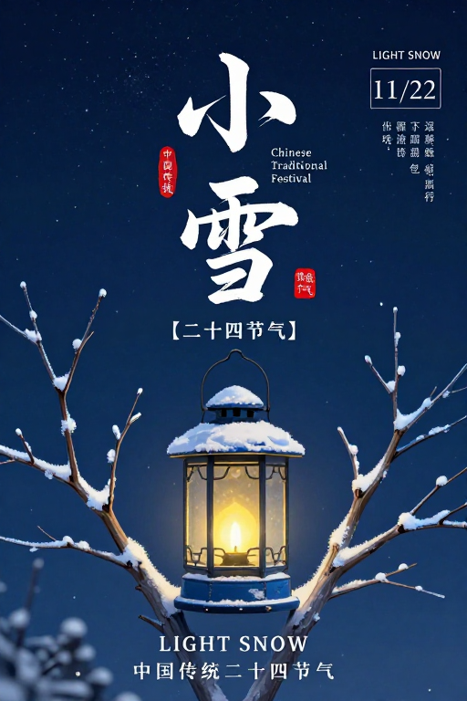 冬夜静谧：小雪节气水墨风插画