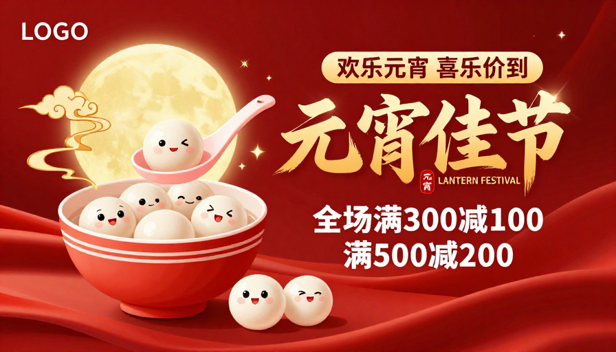 元宵佳节欢乐团圆·红金喜庆插画海报