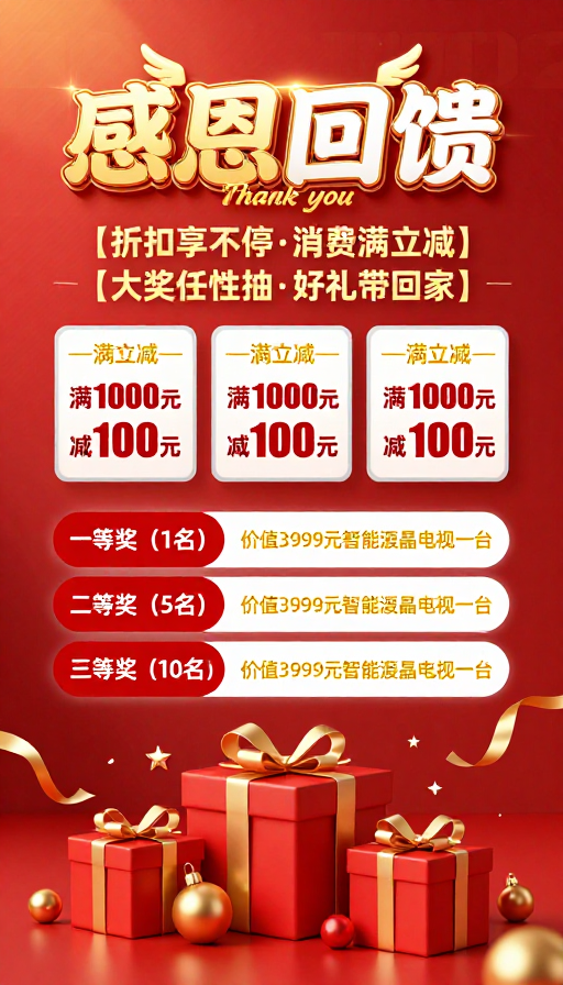 红金主题节日促销感恩回馈与抽奖活动海报