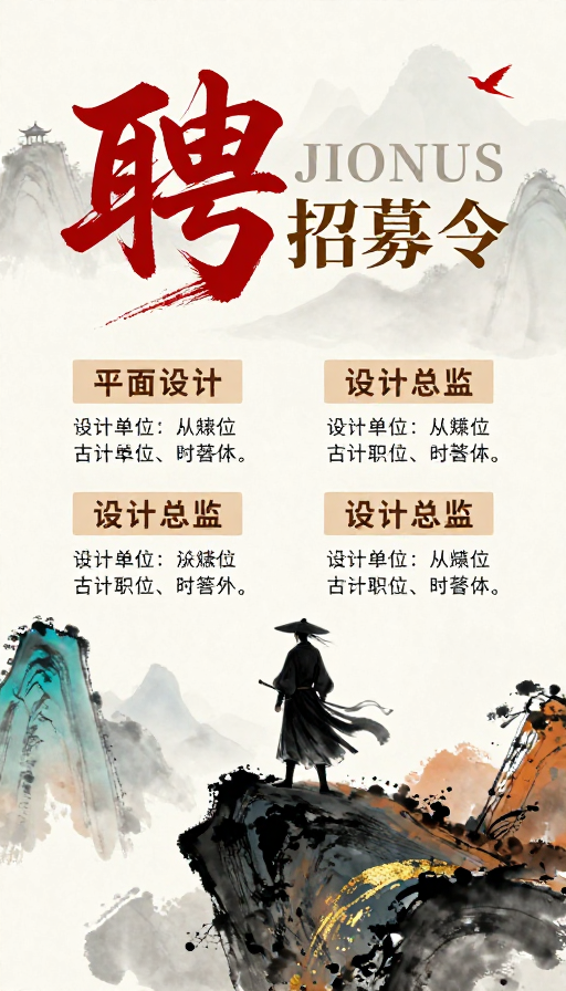 水墨武侠风招聘海报：朱砂‘聘’字与孤傲武士意境融合