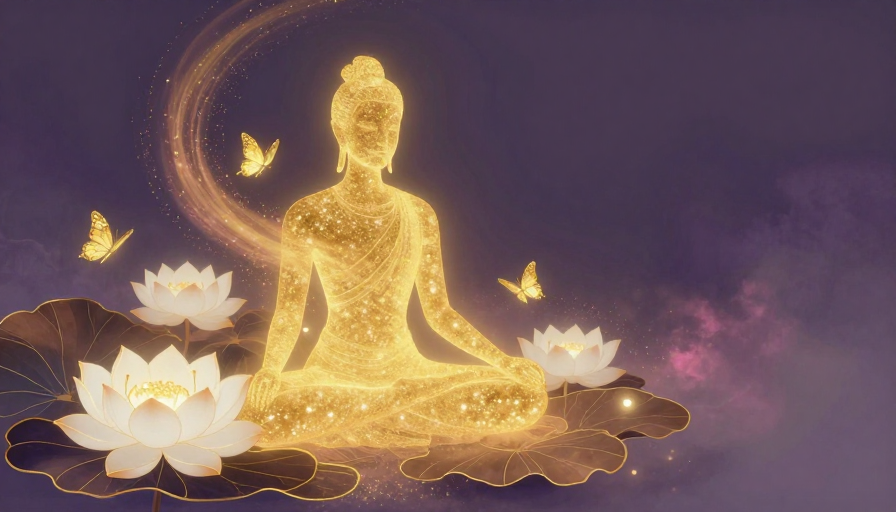 金辉禅韵：东方冥想者剪影与莲花光影图