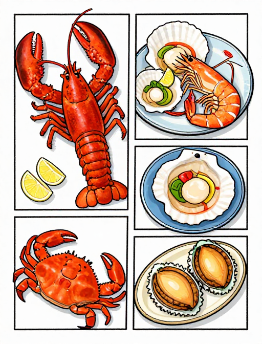 手绘漫画海鲜盛宴：龙虾扇贝螃蟹大虾鲍鱼晚餐