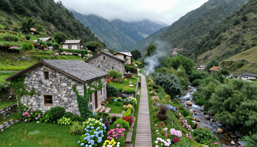 烟雨古径·山谷秘境:花溪畔的田园民宿与远山