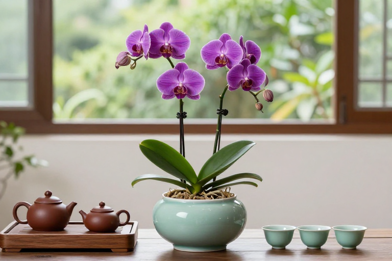 紫蝶兰配紫砂壶，雅致茶室时光