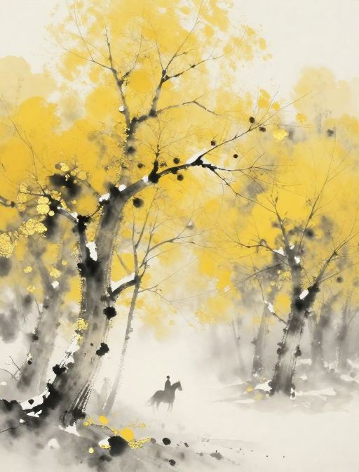 金箔水墨晕染·东方意境林间人马图