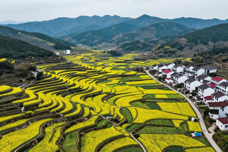 金黄梯田映青山：阴柔光影下的乡村画卷