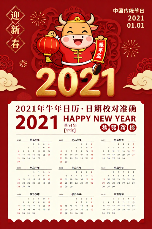 喜庆中国风2021新年海报：卡通牛庆贺新春与实用日历